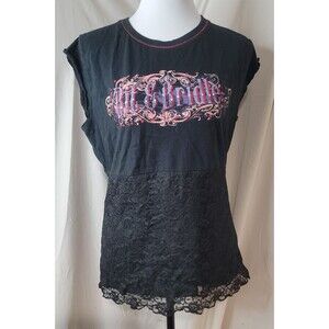 Bit & Bridle Black Lace Hem Graphic Tee Women’s Large Western Y2K Boho Top